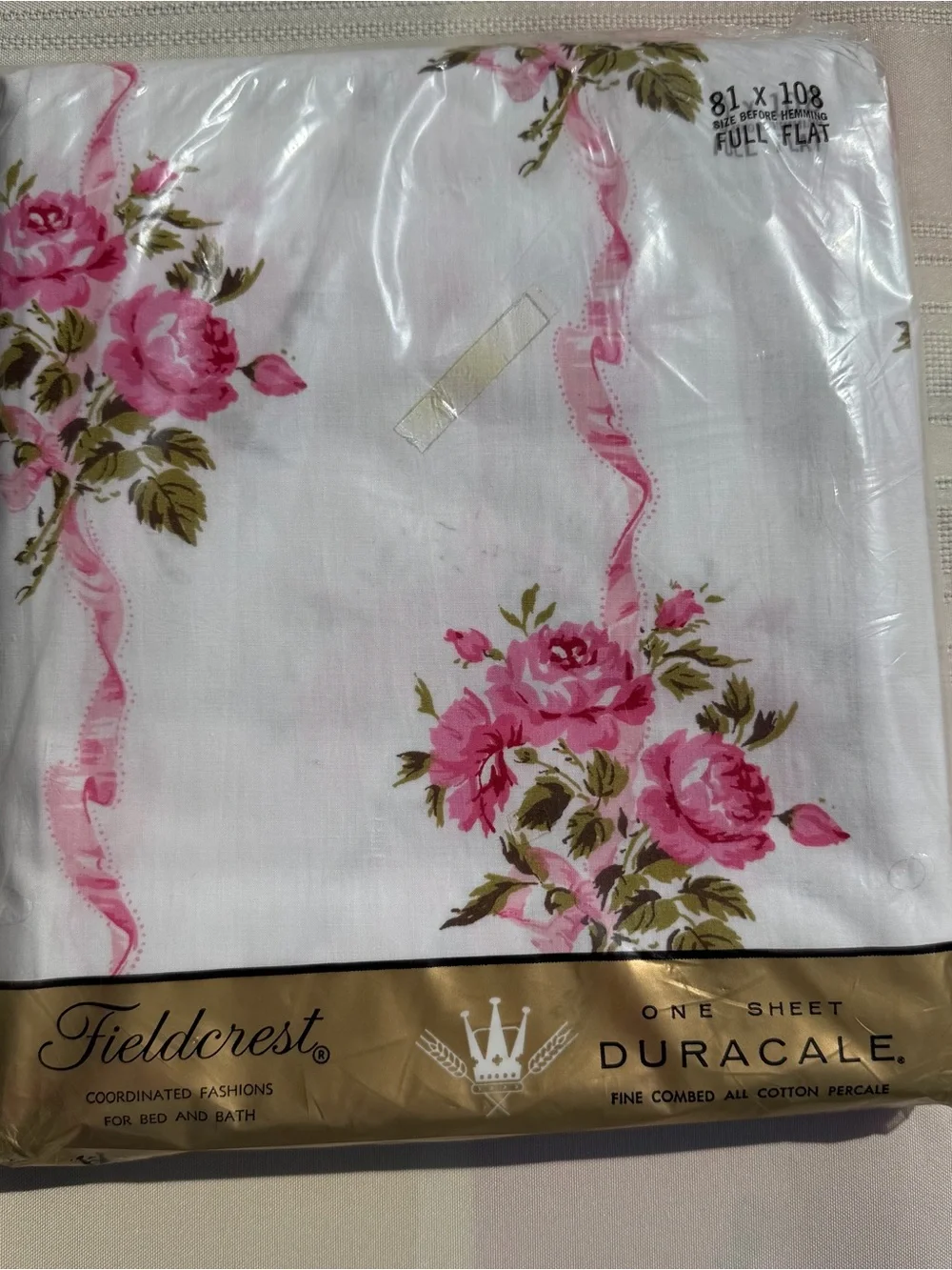 Vintage Fieldcrest Ribbon Bouquet Full Sheet Set Pink Floral Percale NOS USA